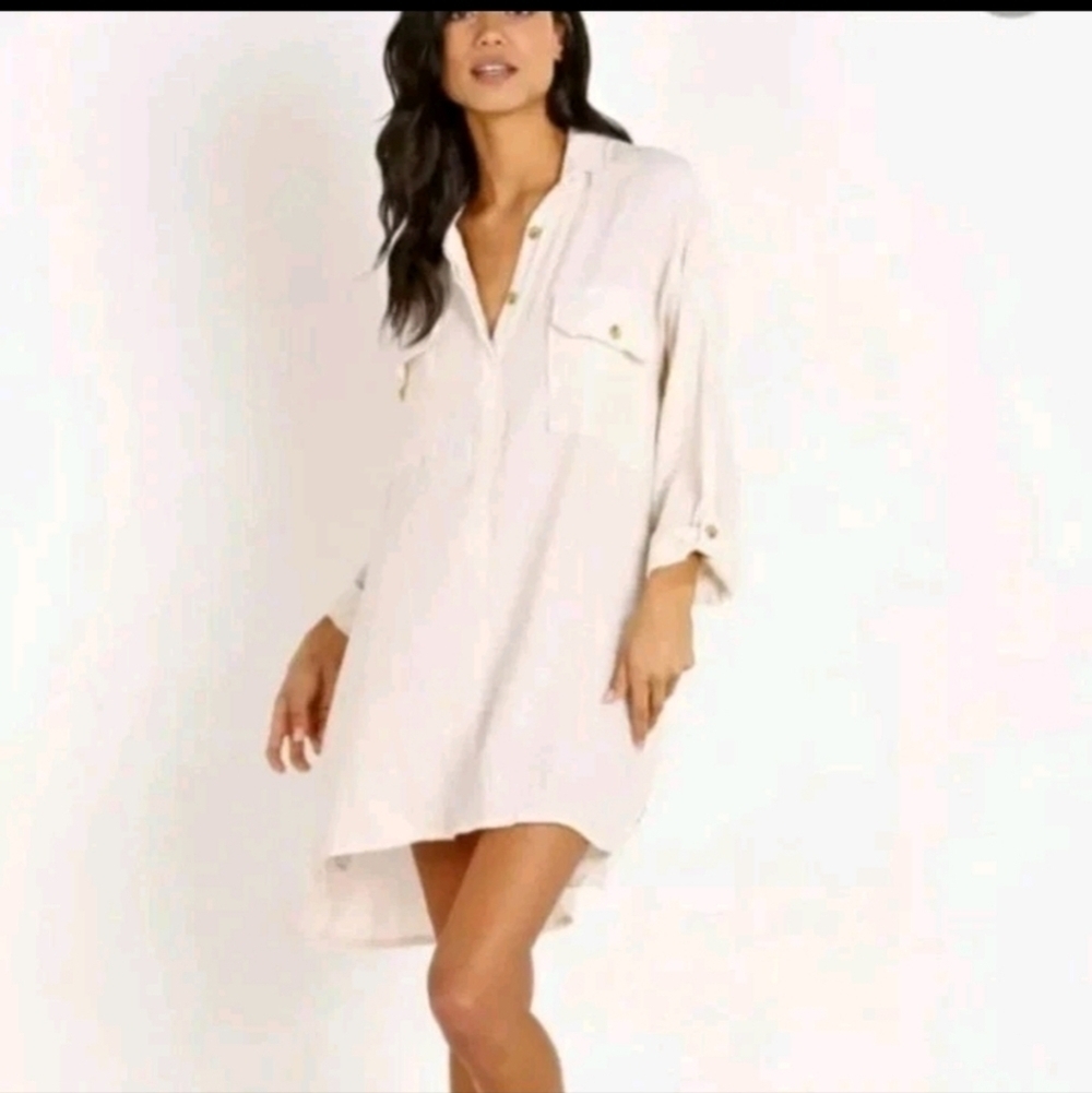Faithfull the Brand Baia Casual Long Sleeve Shirt Dress Beige 10 / Large Beachy
